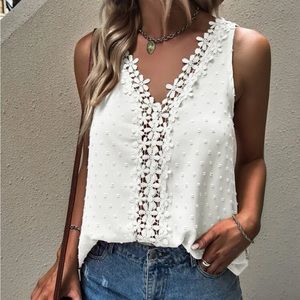 Boho white Swiss dot lace appliqué top